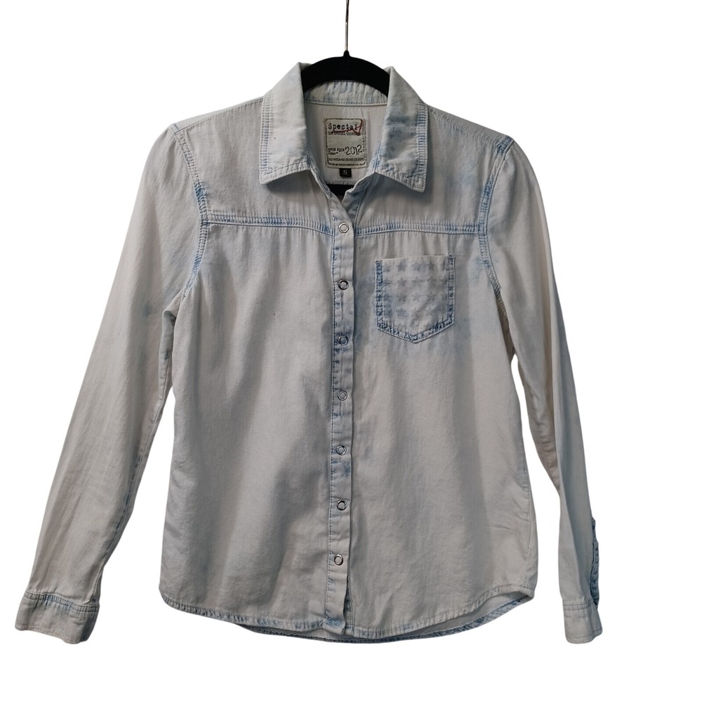 Special A Los Angeles Shirt Adult Small Bleached Chambray Star Pocket Snap Front